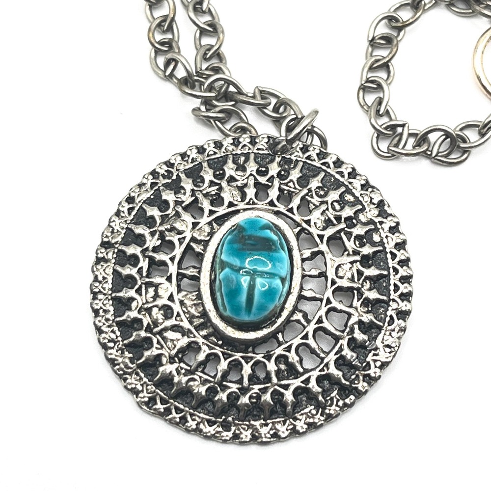 Vintage Blue Scarab Egyptian Revival l Necklace w/ Silver Tone Chain